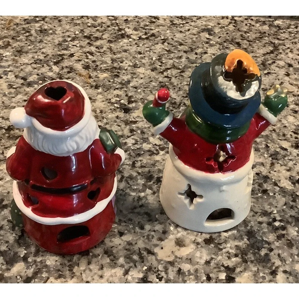 Hallmark Snowman/Santa Clause Ceramic Tea Light Candle Luminary Holder